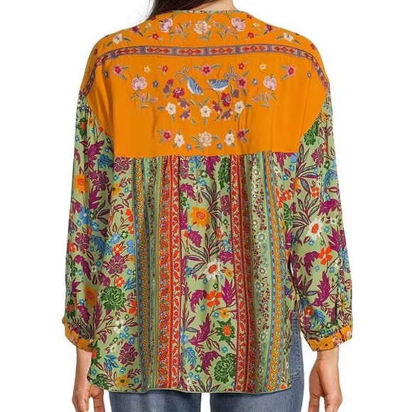 John Mark BOHO Woven Floral Embroidered Split Neck Tie Front 3/4 Sleeve Top M - Picture 3 of 7